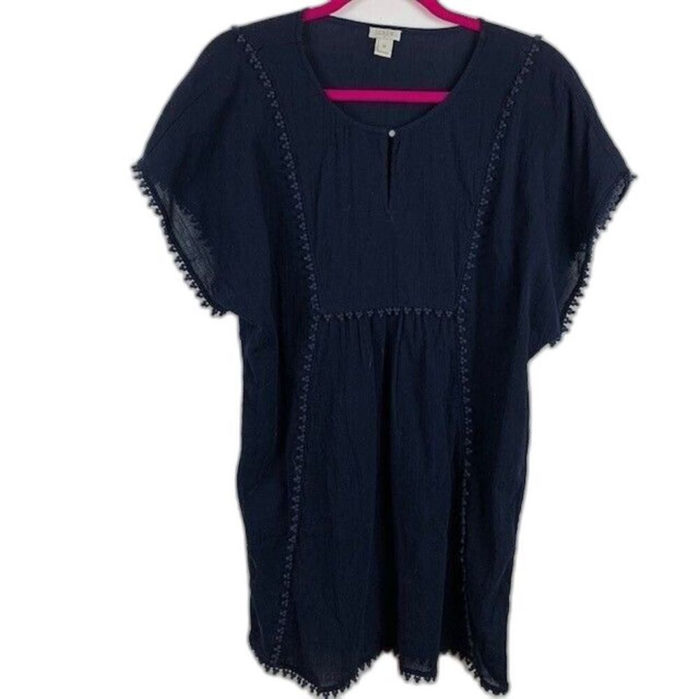 J Crew Womans Top Size Medium Navy Short Sleeve BoHo Tunic Round Neck